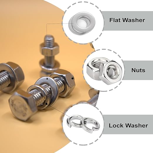 Complete set of stainless steel outer hexagonal bolts washers and nuts123